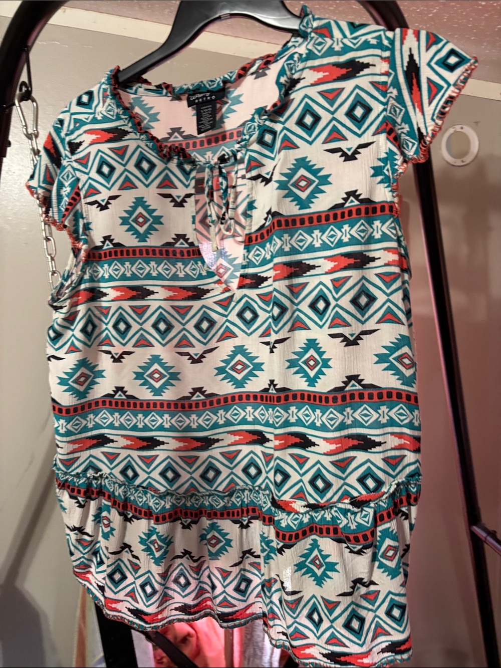 Wrangler retro largeCasual Aztec-Print Tie-Neck Peplum Top - Teal, Coral & White